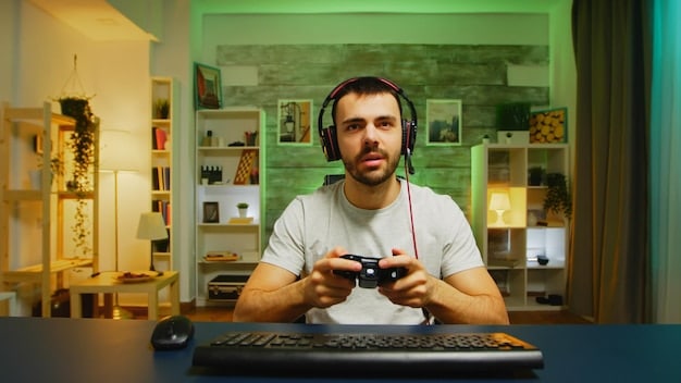 A gamer enthusiastically playing a video game at their setup, wearing a sleek, wireless gaming headset, with vibrant game graphics displayed on a large monitor in the background.