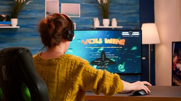 A gaming setup with a monitor displaying a demanding game, with a visible FPS counter showing high frame rates, suggesting the use of upscaling technology.
