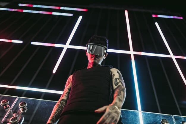 A sleek, modern VR headset displaying a vibrant esports match with overlays of player stats and dynamic camera angles, implying an immersive spectator experience.