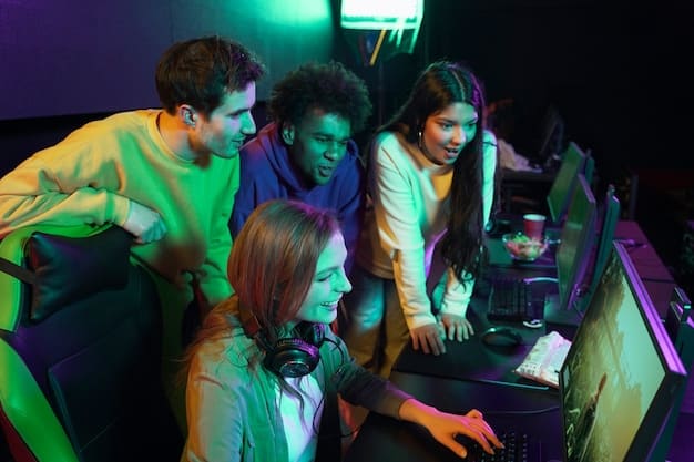 A diverse group of esports fans engaging with a futuristic gaming setup, possibly showing an AR overlay of game stats, highlighting broad appeal and accessibility.