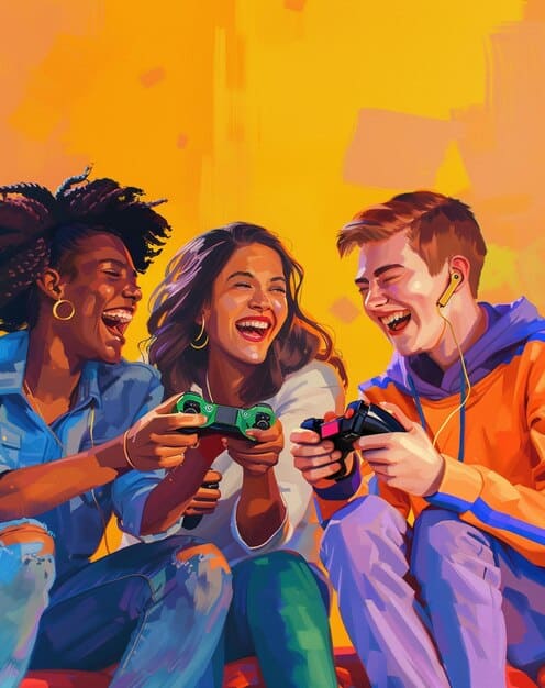 A diverse group of people celebrating and playing a video game together, seen through a stylized interface, suggesting community and shared experiences in gaming.