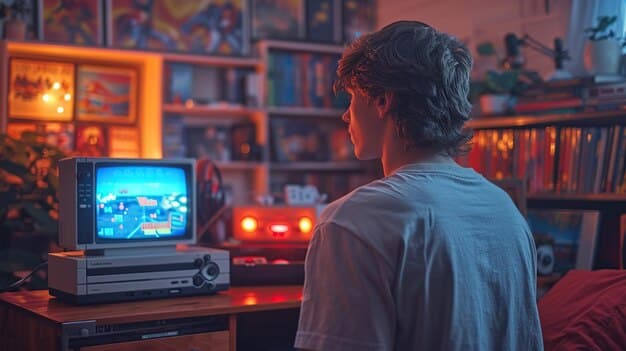 A gamer happily navigating a large digital library of PC games on a sleek monitor, with various game icons and genre filters visible, demonstrating easy access to diverse content.