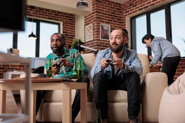 A diverse group of smiling gamers on their PCs, collaboratively playing different online games from a streaming service, highlighting the social and accessible aspects of subscription gaming.