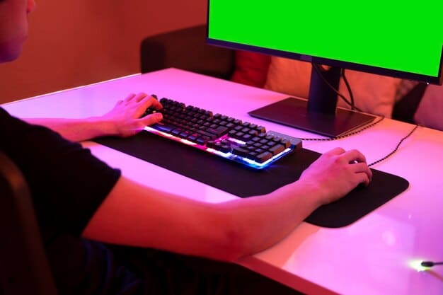 A gamer's hand hovering over a keyboard, with a glowing monitor in the background displaying a game and an overlay showing system performance statistics (FPS counter, CPU usage, RAM usage), emphasizing the impact of anti-cheat.