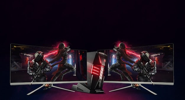 A split image showing a high-end gaming PC with multiple monitors on one side (representing ownership/local) and a person on a tablet streaming a game from the cloud (representing subscription/streaming).