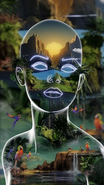 A stylized depiction of a neural network creating character models and environmental textures in a futuristic game engine.