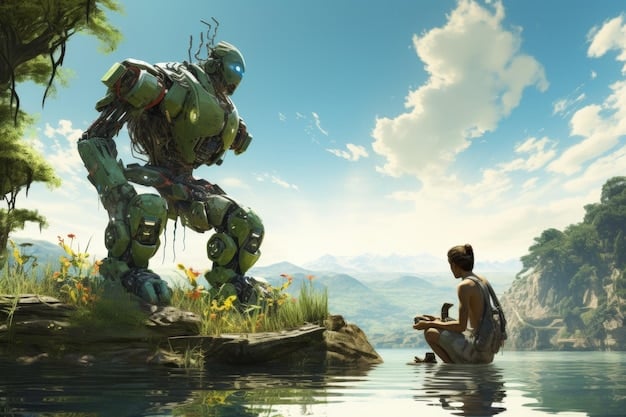 A concept art showing a hyper-realistic virtual character interacting naturally with a player in a detailed game environment, suggesting advanced AI.