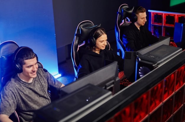 An intense esports competition scene with professional gamers focused on their screens, showcasing high-performance gaming peripherals in action on stage.