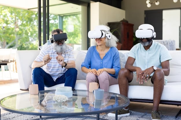 A diverse group of people, young and old, laughing and engaged while simultaneously experiencing VR in a modern living room setting, showcasing the social and accessible aspect of mainstream VR adoption.