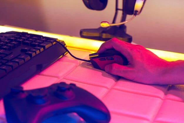 A close-up shot of a game controller resting on a keyboard, with a glowing monitor in the background displaying an early build of an indie game, emphasizing player interaction and the PC platform.