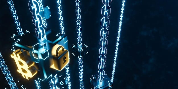A digital illustration showing a locked computer screen with intertwined padlocks and chains, representing strong data encryption and security, with a blurred gaming setup in the background.