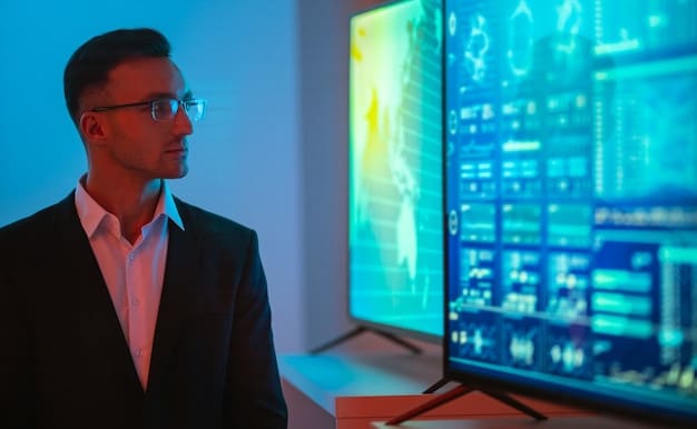 A cyber security expert studying a complex network diagram on a large screen, with various nodes representing encrypted data flows and threat detection points, in a dimly lit, high-tech server room background.