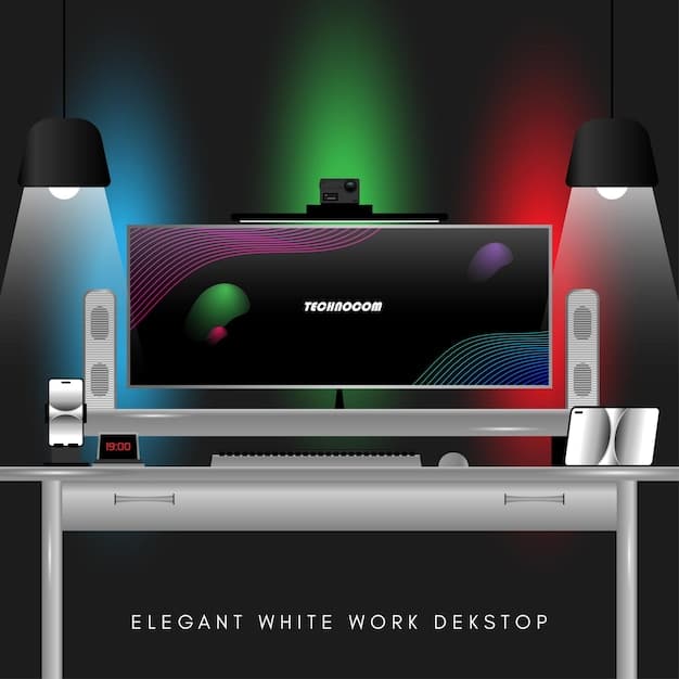 A gaming desk setup from a first-person perspective, with a calibrated monitor displaying a realistic game world, a colorimeter positioned strategically on the screen, and a gaming keyboard/mouse in the foreground.