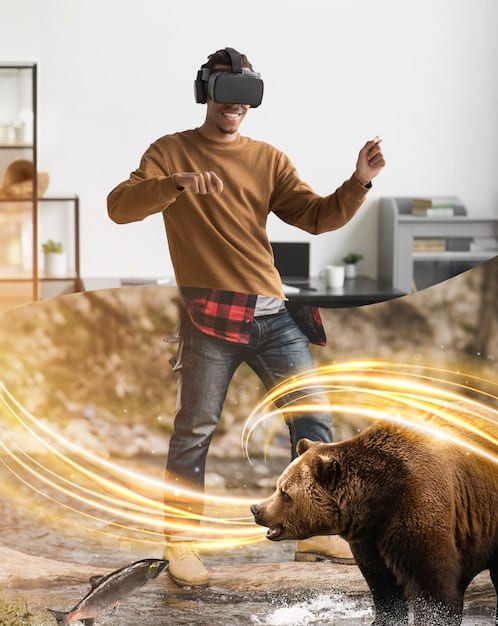 A dynamic image of a person engrossed in a VR game, with vivid, fast-moving graphics depicted on the headset's external display, illustrating the importance of high refresh rates for action scenes.