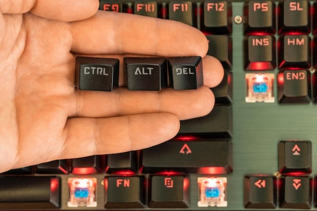 A person's hand pressing a power button on a computer tower with a serious expression, suggesting a technical problem or troubleshooting scenario, emphasizing computer maintenance.