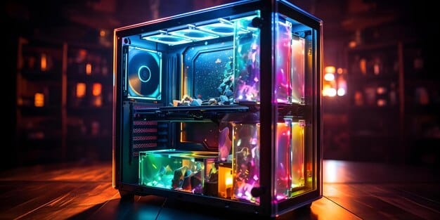 A gaming setup with an open PC case showing an intricate liquid cooling system and brightly lit components, alongside a sleek external SSD, emphasizing both internal and external hardware optimization.