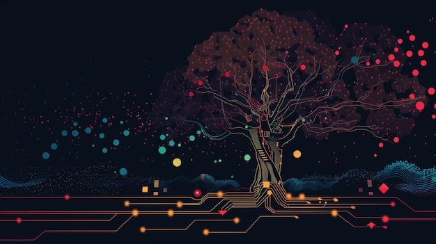 A stylized digital representation of an AI neural network analyzing gaming data, with nodes connecting to player profiles and real-time game statistics, against a background of esports tournament gameplay.
