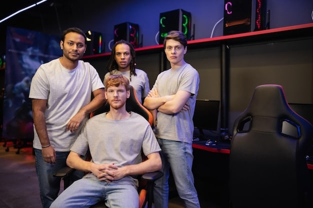 A diverse group of esports players in a team huddle, looking serious and focused, with a blurred background of a tournament stage. The image conveys teamwork and shared responsibility for fair play.