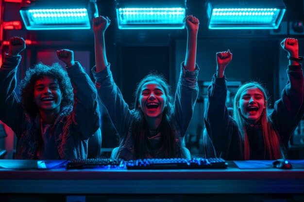 A diverse group of esports players celebrating a victory on stage, with bright lights and a roaring crowd in the background, symbolizing success and teamwork.