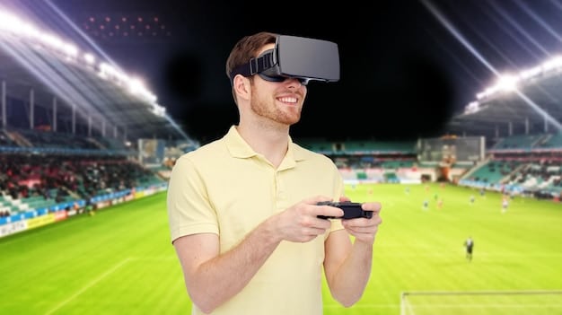 Spectators in a stadium using their phones to watch an esports tournament, with augmented reality elements overlaid on their screens, depicting future interactive viewership.