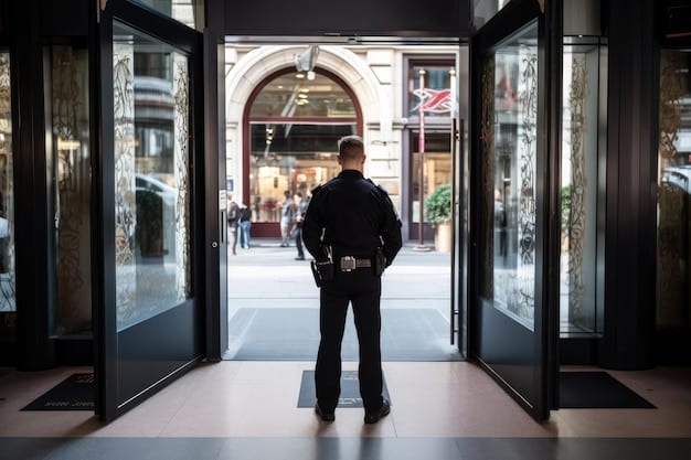 A security guard standing watch near an entrance to a large convention center lobby, with clear signage and a discreet surveillance camera visible in the background, creating a sense of safety and order.