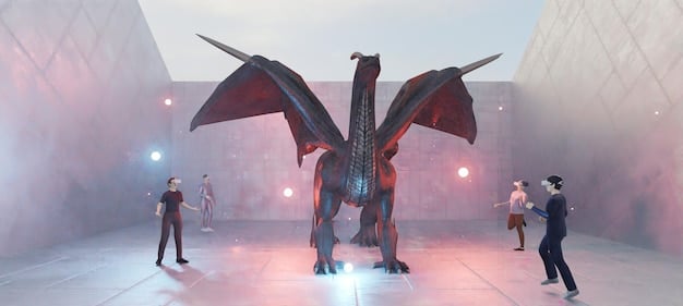 A grand esports stage illuminated by vibrant LED screens, with an augmented reality dragon character appearing to fly out of the main screen and hover above the players on stage, demonstrating cutting-edge AR integration.