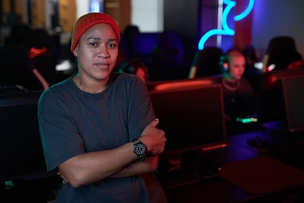 A diverse esports team, including a female player, huddled together during a pause, discussing strategies with intense focus. Charts and game data are visible on screens in the background.