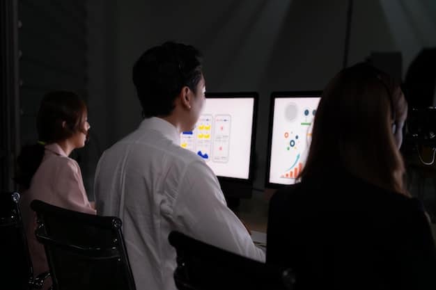 A dedicated esports coach intensely watching multiple monitors showing game footage, surrounded by whiteboards with strategic diagrams, in a dimly lit analytical room.