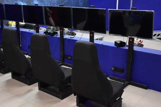 A gaming PC setup with multiple monitors displaying a competitive esports game, focusing on the details of the game interface and a player's hands on the keyboard and mouse. The room is dimly lit, highlighting the screen.
