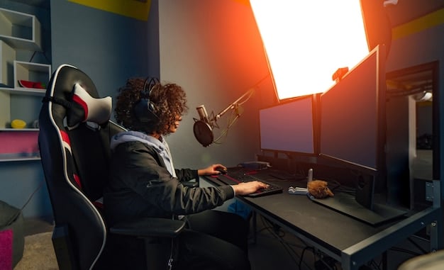 A gaming setup with a player focused intently on a competitive video game, highlighting a clean desk, ergonomic chair, and good lighting, conveying readiness and focus.