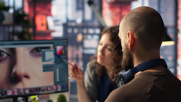 A marketing team collaborating, looking at data analytics and discussing branding strategies for an esports event, with charts and graphs on a large screen in the background.