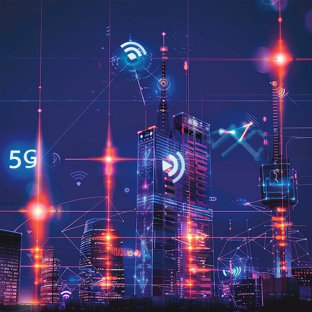 A futuristic cityscape with glowing Wi-Fi signals emanating from buildings, representing a fully Wi-Fi 7 enabled environment. The image hints at the widespread adoption needed to fully realize Wi-Fi 7's potential. The overall impression links to the question: How Will Wi-Fi 7 Impact Cloud Gaming Latency in 2025?