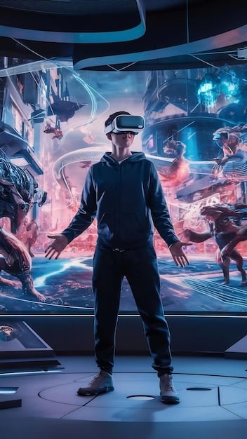 A gamer is completely immersed in the virtual world, using a full-body haptic suit. The image shows the suit's sophisticated sensor network and the detailed textures of the virtual environment reflected on the gamer's face.