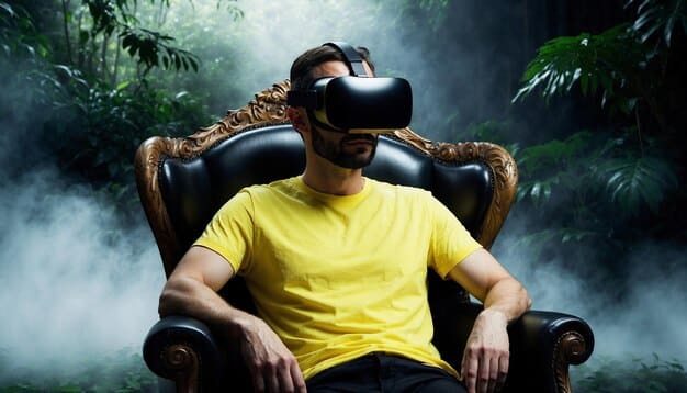 A player wearing a VR headset, fully immersed in a realistic game world powered by quantum computing. The scene showcases advanced graphics and natural interaction with the virtual environment, representing The Rise of Quantum Computing in Gaming: Exploring the Potential.