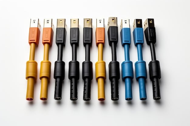 A detailed close-up of various gaming cables (HDMI, DisplayPort, USB) illustrating their different connection types. The image should emphasize the importance of choosing the right cables for Minimizing Input Lag: A Comprehensive Guide for Competitive Gamers, with labels highlighting key features like bandwidth and latency.