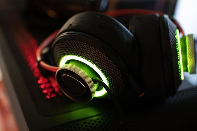 A close-up of a high-end gaming headset showcasing its intricate design. The focus is on the earcups and microphone, highlighting the technology involved in audio capture and playback. Soft, diffused lighting emphasizes the premium materials and build quality, subtly hinting at the advanced audio processing capabilities within, relevant to The Future of Gaming Audio: Immersive Sound Technologies to Watch in 2025.
