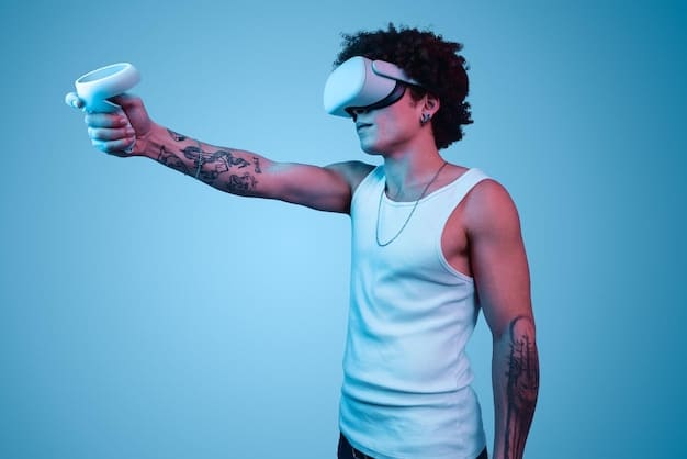 A player immersed in a VR game, wearing a sleek VR headset and holding motion controllers, fully engaged with a vibrant and interactive virtual environment. The scene captures the intensity and immersive nature of VR gaming, highlighting its potential for future growth and innovation.