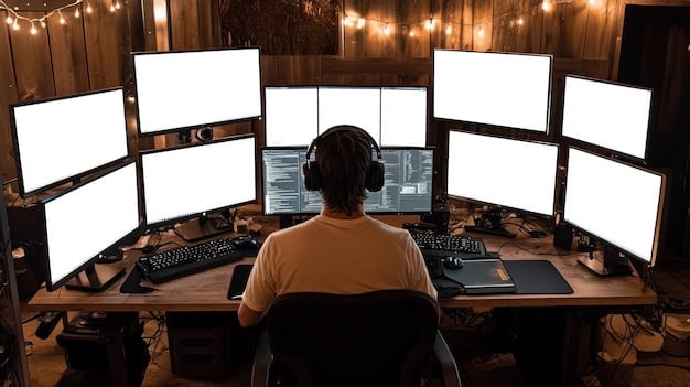 A close-up shot of a game developer working on a PC, with multiple monitors displaying lines of code and game design elements. The focus is on the developer's hands on the keyboard and the screens in the background.