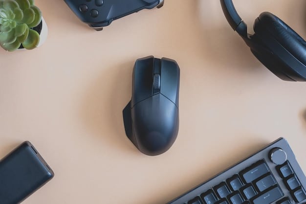 A top-down view of a gaming mouse with customizable buttons and a sleek design, resting on a gaming mousepad. The focus is on the buttons and their layout, highlighting their potential for personalized commands and enhanced control during gameplay.