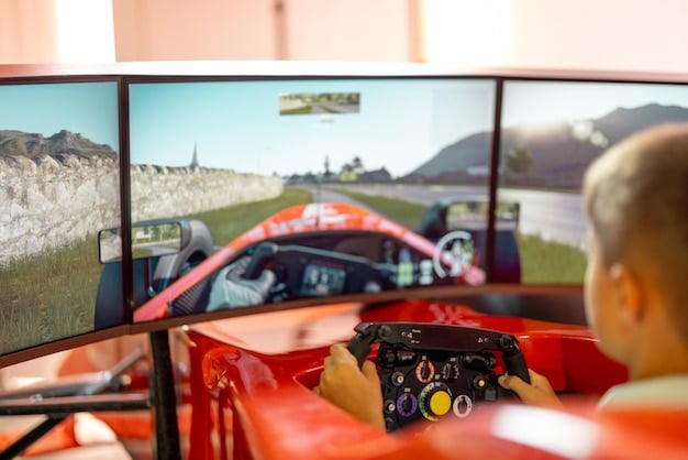 A close-up of an ultrawide monitor displaying a racing game, showing the driver's perspective with a wide field of view. Visible are the in-game dashboard and side mirrors, illustrating the immersive experience for Ultrawide vs. Dual Monitors: Which Setup Will Maximize Your Gaming Performance in 2025?.