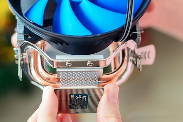 A detailed close-up shot of a liquid cooling system's water block installed on a CPU. The water block is sleek and modern, with visible channels for the coolant to flow through. The CPU's surface is clean and shows good contact with the water block. The surrounding motherboard and components are also visible, providing context for the installation.