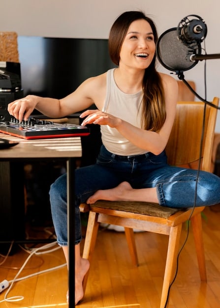 A person using a USB microphone in a home studio setting, with a pop filter and shock mount. The person is speaking into the microphone, with sound waves visually depicted to show the microphone's sound capture. The background is slightly blurred, highlighting the focus on the microphone setup, showcasing 'USB Microphones: 5 Features to Consider for Clearer Voice Chat'