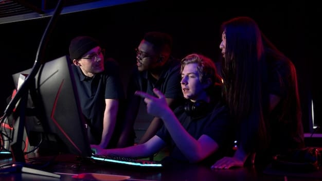 An esports coach in a team room analyzing game statistics and providing feedback to a group of young, attentive US esports players.
