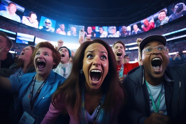 A diverse audience cheering enthusiastically at an esports arena in the US. A large screen displays a competitive team match, capturing the energy and excitement of an important esports tournament.