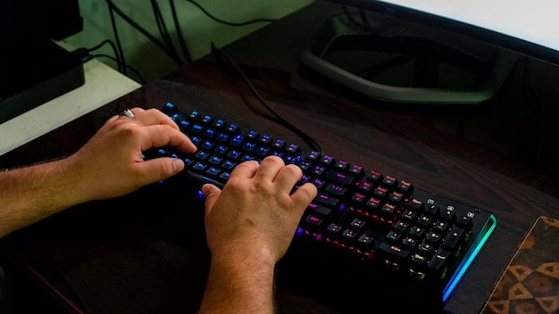 A close-up shot of a gamer's hands intensely working the keyboard and mouse during an esports tournament. The focus is on the precision and speed required to dominate in competitive gaming. The lighting emphasizes the determination in the gamer's face.