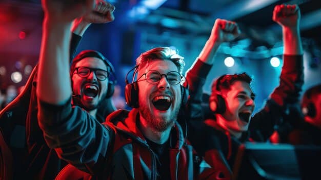 A group of esports players celebrating a victory at a tournament. They are high-fiving each other and raising their trophy in the air. The image captures the excitement and camaraderie of competitive gaming, showcasing the rewards of hard work and dedication. The Ultimate Guide to Finding and Registering for US Esports Tournaments in January 2025 can encourage similar dedication