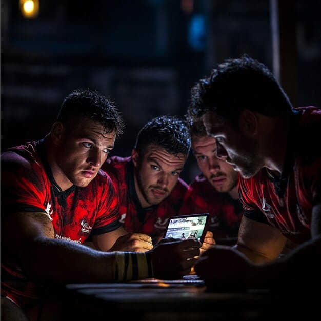 An image showing esports players in a huddle, strategizing before a match, with tablets displaying game statistics. The focus is on teamwork and adapting to new rules for Esports Tournament Rule Changes: What US Players Need to Know for 2025.