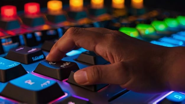 A close-up shot of a player's hands intensely moving across a keyboard and mouse. The player's face is partially visible, showing concentration and focus. The background is blurred, highlighting the immediate action and precision required to improve your game.