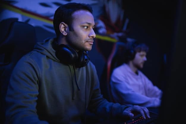 A close-up shot of an esports player intensely focused on the game during a tournament in the US, highlighting their dedication and concentration. The player is wearing a headset and has a determined expression. This image represents the importance of dedication in Esports Tournament Team Formation: Finding the Right Players in the US.