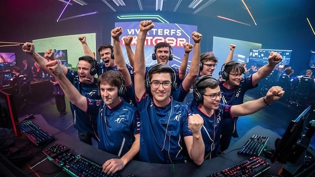 An image featuring a team of esports players celebrating their victory at a tournament. The focus is on their determined expressions and the gaming peripherals they are holding, emphasizing their role in the win and therefore the impact of new gaming peripherals on Esports tournament performance in the US.